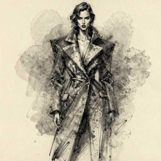 This detailed black and white sketch, possibly created with charcoal or pencil, depicts a woman with short, wavy hair that falls just past her ears. She has a serious expression, with her head slightly tilted down and her eyes looking up, giving her a somewhat stern or intense look. Her lips are colored, adding a touch of detail to her otherwise monochromatic face. She is dressed in a long, dramatic trench coat that features a large collar, a belt tied at the waist, and buttons running down the front. The coat's sleeves are long, with a distinctive square detail at the wrist. The background is a light beige or cream color, adorned with abstract, cloud-like shapes in varying shades of gray, black, and white, which add depth and texture to the composition. The woman's hands are visible, with her right hand slightly clenched and her left hand hanging straight down. The sketch is signed in the bottom right corner, though the signature is not legible.