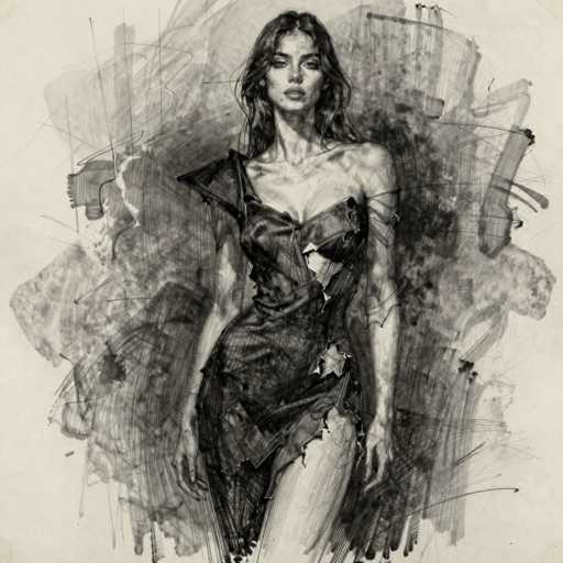 This black and white sketch depicts a woman with long, dark hair cascading past her shoulders. She is dressed in a striking, one-shoulder dress that appears to be made of a sheer, possibly see-through fabric. The dress is intricately designed with a high slit on the left side, revealing her leg. The right shoulder of the dress is dramatically torn, adding to the dress's edgy and unconventional aesthetic. The woman's expression is serious, and she gazes directly at the viewer, exuding a sense of confidence and strength. The background is filled with chaotic, abstract lines and shapes, creating a stark contrast with the detailed rendering of the woman. The overall composition is both striking and enigmatic, blending elements of realism with abstract artistry.