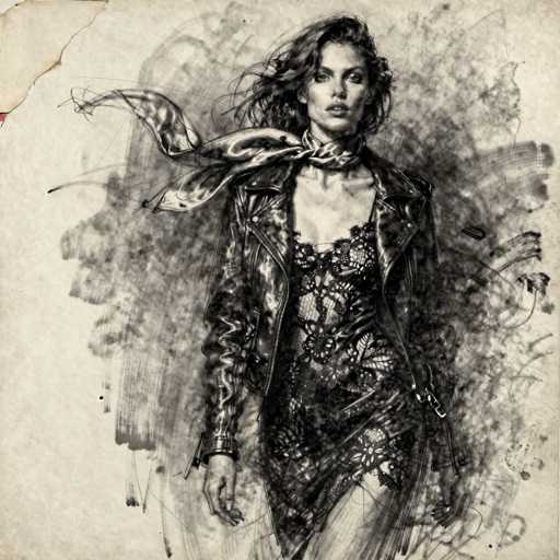 This black and white pencil sketch depicts a woman with long, dark hair that appears to be blowing in the wind. She is wearing a black leather jacket with a zipper and a lacy, see-through dress adorned with floral patterns. A large, flowing scarf is wrapped around her neck and billows to the left. The woman's face is serious, and she gazes directly at the viewer. The background is a mix of gray and black smudges, adding depth to the image. The sketch is on a piece of paper that has a small tear in the top left corner, revealing a red edge underneath. The overall composition is detailed and realistic, capturing the essence of the woman's attire and the dynamic movement of her hair and scarf.