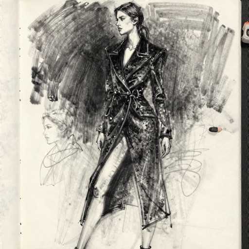 This image features a detailed black and white sketch of a woman, likely created using charcoal or pencil. The woman is depicted wearing a long, black leather trench coat that extends to her knees, with a high slit on the left side revealing her leg. The coat is adorned with a belt tied at the waist, and the collar is slightly popped up. She has long, dark hair that is tied back in a ponytail, and her face is turned to the left, showcasing her full lips and a prominent nose. The background of the sketch is filled with various black smudges and scribbles, adding depth and texture to the composition. In the bottom left corner, there is a fainter, less detailed sketch of another woman, possibly indicating an earlier draft or alternate perspective. The entire drawing is set against a white background, with the paper appearing to be part of a sketchbook, as evidenced by the visible stitching along the right edge.