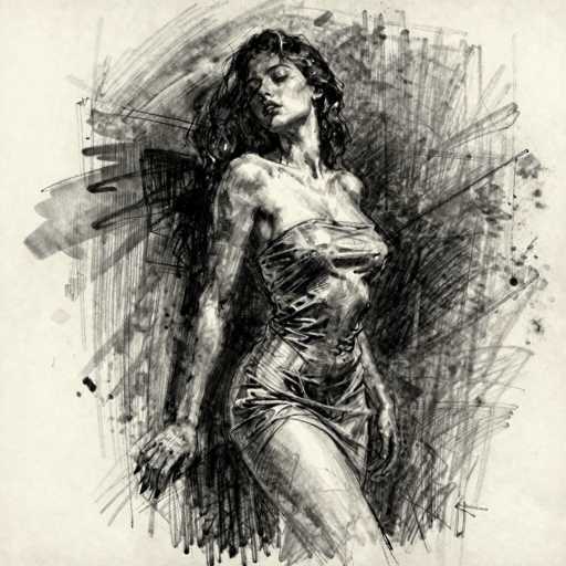 This black and white pencil sketch depicts a woman with long, wavy hair cascading down her back. She is dressed in a strapless, form-fitting dress that accentuates her figure, with the skirt ending just above her knees. The woman is posed with her body facing the right side of the image, while her head is turned back over her shoulder, gazing directly at the viewer. Her left arm is bent at the elbow, with her hand resting on her hip, and her right arm is extended behind her, adding a sense of movement to the composition. The background is filled with chaotic, scribbled lines, creating a stark contrast with the detailed rendering of the woman. The overall effect is one of dynamic elegance, capturing the essence of vintage glamour.
