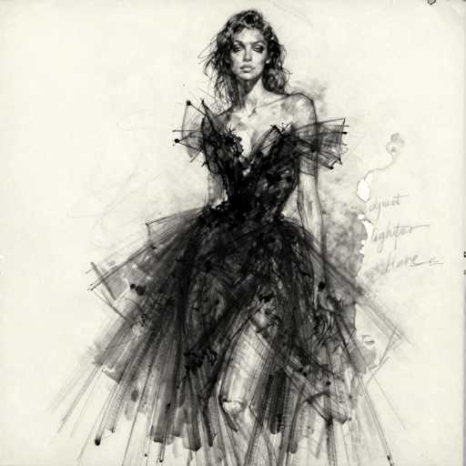 This image features a detailed black and white sketch of a woman in a dress, set against a light gray background. The woman, who appears to be Caucasian, has long, dark hair that is slightly messy and falls past her shoulders. She is depicted with a serious expression, looking directly at the viewer. Her dress is low-cut, with straps over her shoulders, and it flares out dramatically at the bottom, resembling a tutu. The dress is adorned with intricate black lines and dots, adding texture and depth to the sketch. Her left arm hangs straight down by her side, while her right arm is not visible. The background includes some faint pencil marks and a few words on the right side, such as "adjust lighter here," though they are not entirely legible. The overall composition is square, with the woman centrally positioned, giving the image a balanced yet dynamic feel.