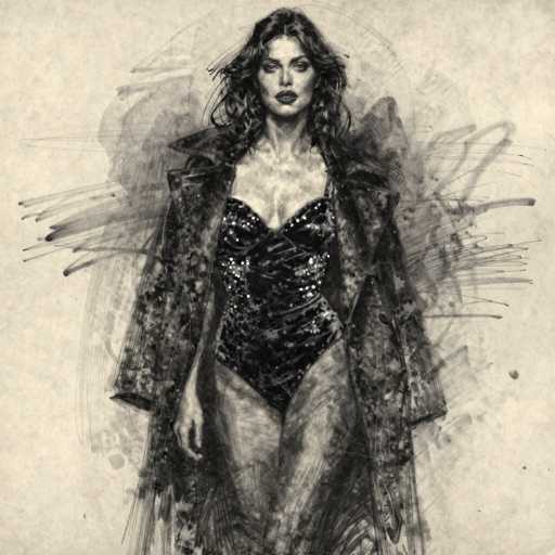 This detailed black and white sketch, possibly created with charcoal or pencil, depicts a woman standing confidently. She is adorned in a black, sparkly one-piece swimsuit that accentuates her figure, complete with a halter top and a V-shaped design at the bottom. Over her swimsuit, she wears a long, dark trench coat that extends to her feet, adding an air of elegance to her appearance. Her long, wavy hair cascades down to her shoulders, framing her face, which is highlighted by dark lipstick and a serious expression. The background features a mix of gray and white tones, with smudges and scribbles that add depth and texture to the image. The woman's legs are crossed, and her right arm hangs by her side, while her left arm is not visible. The overall composition is striking, with the contrast between the dark clothing and the lighter background drawing attention to the woman's poised stance.