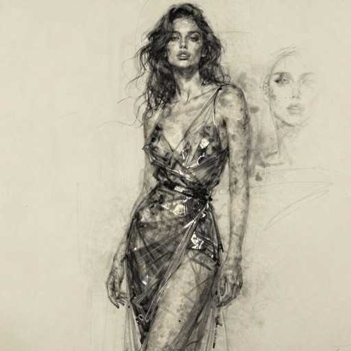 A detailed pencil sketch of a woman modeling a futuristic, shimmering dress. The sketch is rendered in a loose, expressive style with visible pencil strokes and shading, giving it a slightly unfinished, artistic feel. The woman is positioned in the center of the frame, facing forward with a slightly pensive expression. Her long, wavy hair cascades around her shoulders, and the dress appears to be made of a translucent, metallic material with intricate details. The background is a soft, muted beige, allowing the focus to remain on the model and her attire. The overall mood is one of elegance and mystery, with a hint of futuristic fantasy.