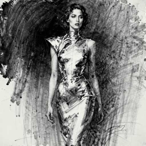 This detailed black and white pencil drawing features a woman with short, wavy hair that falls just below her ears. She is depicted wearing a form-fitting, sleeveless dress that extends from her neck down to her knees. The dress has a high collar and a V-shaped neckline, with a distinctive triangular cutout on the left shoulder. The woman's right hand is raised to her neck, while her left arm hangs straight down by her side. Her facial expression is serious, with her gaze directed slightly to the right. The background is filled with intricate, swirling patterns that resemble a mix of watercolor and pencil strokes, creating a dynamic and textured effect. The overall composition is square-shaped, with the woman's figure centrally positioned, emphasizing her poised and elegant stance.