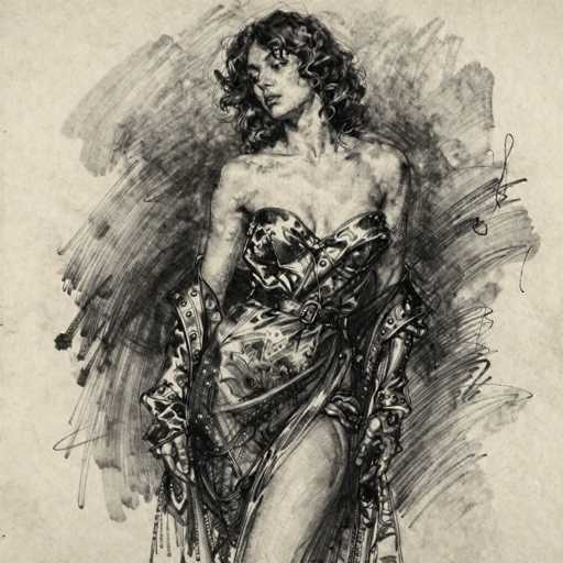This is a detailed black and white pencil sketch of a woman, possibly resembling Angelina Jolie, set against a light gray background. The woman is depicted from the top of her head to just below her knees, with her head slightly tilted to the left. She has long, curly black hair that cascades down to her shoulders. Her attire is a striking, form-fitting dress that appears to be made of leather or metal, featuring a single strap over her right shoulder and a low-cut neckline. The dress is adorned with intricate details, including a belt around her waist and a design that resembles a flower or bow on the front. The dress is sleeveless, with long, flowing sleeves that extend to her wrists. Her right leg is prominently displayed, as the dress is slit up to her thigh. The background is filled with dark, swirling patterns that add depth to the image. The artist's signature is located in the upper right corner, though it is not legible.