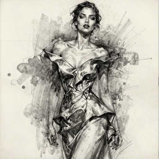 A detailed pencil sketch of a woman in an avant-garde, futuristic dress. The drawing is rendered in shades of black and white, with varying line weights to suggest depth and form. The dress is a complex, sculptural garment with sharp angles and asymmetrical folds, possibly made of metallic or textured fabric. The woman's pose is dynamic, with her arms slightly outstretched and a focused expression on her face. The background is a soft wash of grey, with abstract strokes suggesting movement and energy. The overall style is reminiscent of fashion illustration or a concept art piece, emphasizing the design and form of the garment.