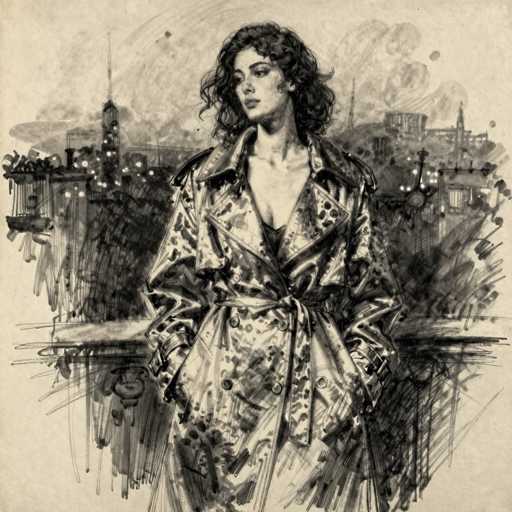 This black and white sketch, rendered on a cream-colored background, depicts a woman standing on a balcony, gazing off to the right. She has long, wavy hair that cascades down to her shoulders, and she is dressed in a long, tied coat that appears to be made of leather or vinyl. The coat features a collar and buttons, and she has her hands tucked into the pockets. Behind her, the cityscape is sketched with various buildings, including a prominent skyscraper with a spire on the left and a church with a steeple on the right. The background is filled with clouds, adding depth to the scene. The woman's face is detailed, with visible eyebrows, eyes, nose, and lips, and she appears to be wearing a black shirt underneath her coat. The overall composition is intricate, with the woman's figure being the focal point against the detailed urban backdrop.
