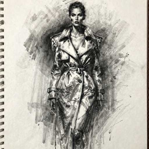 This detailed black and white sketch, likely created with pencil or charcoal, depicts a tall, slender woman with short, curly hair. She is adorned in a long, elegant dress that features a high collar and a belt cinched at the waist, accentuating her slender figure. The dress, which appears to be made of a shiny material, possibly resembling leather or vinyl, is detailed with buttons and a belt buckle. The woman's face is characterized by a sharp nose, full lips, and a serious expression. She stands with her arms at her sides, her left leg slightly bent, and her right leg straight. The background is filled with various shades of gray, creating a dynamic, textured effect that contrasts with the simplicity of the white paper. The sketch is framed within a spiral-bound notebook, with the binding visible on the left side of the image.