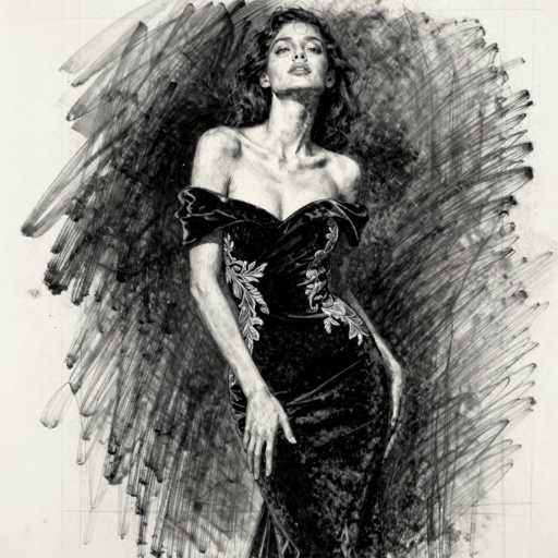 A black and white sketch of a woman in an elegant, off-the-shoulder gown. The dress is dark and appears to be made of a textured fabric, possibly velvet or a similar material. It features intricate floral detailing on the bodice and sleeves. The woman is positioned in a dynamic pose, looking upwards with a slightly pensive expression. Her hair is styled in loose waves and falls around her shoulders. The sketch has a loose, expressive style with visible brushstrokes and shading, giving it a vintage or artistic feel. The background is abstract and textured, with swirling lines of black ink that add to the overall artistic quality.