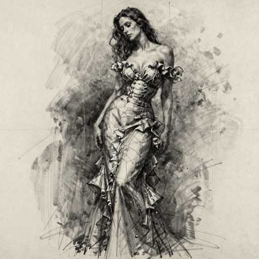 This black and white pencil drawing depicts a woman in a vintage, possibly 1920s or 1930s flapper-style dress. The dress is intricately designed with ruffles and frills, particularly around the bust and the shoulders, and it features a corset-like bodice that accentuates her figure. The dress extends down to her ankles, with a slit on the left side that reveals her leg. The woman's long, wavy hair cascades down to her shoulders, and she has a serene expression with her eyes closed and her head tilted slightly to the left. Her arms rest by her sides, and her hands are positioned near her hips. The background is a light gray, with darker gray smudges and lines that add depth and texture to the image. The overall composition is square, with the woman centrally positioned, creating a balanced and elegant portrait.