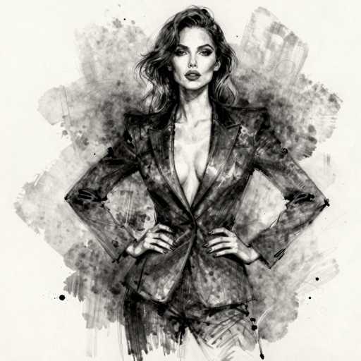 This black and white illustration features a striking woman with long, wavy hair cascading past her shoulders. She is dressed in a low-cut, unbuttoned blazer that reveals a significant portion of her chest, paired with matching pants. Her hands rest confidently on her hips, and her gaze is directed straight at the viewer, exuding a bold and self-assured demeanor. The background is a soft, watercolor wash of gray, adding a subtle contrast to the detailed and dynamic portrayal of the woman. The overall composition is square, with the woman's figure centrally positioned, making her the focal point of the artwork.