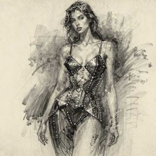 A detailed pencil sketch of a woman in a futuristic, heavily embellished bodysuit. The sketch is rendered with loose, expressive lines, focusing on the form and texture of the garment rather than precise detail. The bodysuit is primarily black with silver accents, featuring intricate details like studded straps and geometric patterns. The woman's pose is dynamic, with her body angled and hands slightly outstretched. Her hair is long and wavy, cascading around her shoulders. The background is a textured wash of grey, suggesting a soft or ethereal environment. The overall style is reminiscent of fashion design sketches, with a focus on the interplay of light and shadow created by the varying line weights.