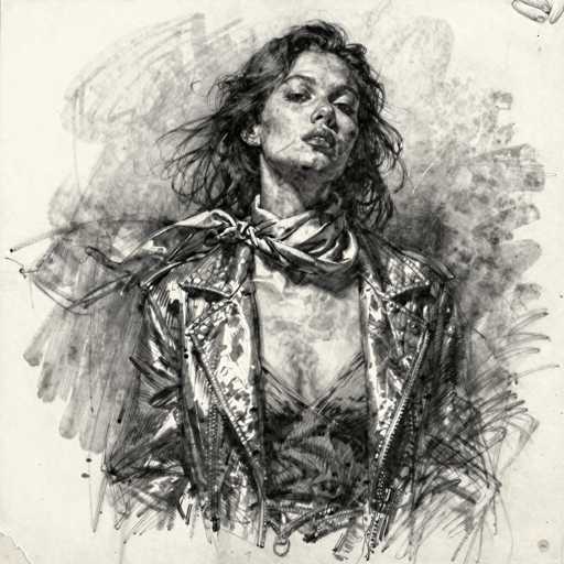 This image features a detailed black and white sketch of a woman, likely created using either pencil or charcoal. The woman is depicted with long, dark hair that appears to be blowing in the wind, adding a sense of movement to the piece. She is wearing a leather jacket, which is open to reveal a low-cut top underneath. A scarf is tied around her neck, with one end hanging down and the other wrapped around her. The woman's head is tilted slightly to the right, and she gazes directly at the viewer with a serious expression. The background is filled with various smudges and marks, enhancing the overall texture and depth of the sketch. The image is square in shape, and there is no text present anywhere within the piece.