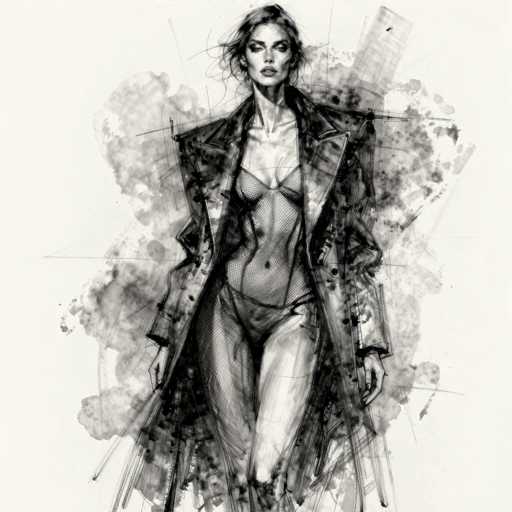 The image is a detailed black and white sketch of a woman, likely a model, depicted from the knees up. She is wearing a black mesh bra and matching panties, with a long black leather trench coat draped over her shoulders. Her dark hair is pulled back, and she has a serious expression on her face, looking directly at the viewer. The background features a light grayish-white hue with abstract black and gray watercolor splotches, creating a cloudy effect. Behind her, there is a faint outline of a tall building, possibly a skyscraper, adding depth to the composition. The overall style of the drawing is highly realistic, capturing the woman's tall and slender physique with meticulous detail.