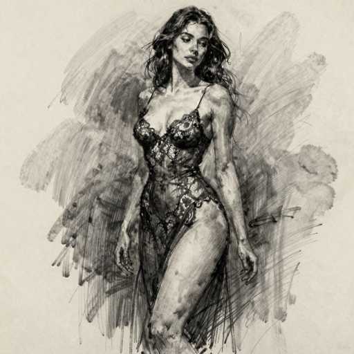 This detailed black and white pencil drawing depicts a woman in a provocative pose, reminiscent of the iconic pinup style of the 1950s and 1960s. The woman, with long, wavy hair cascading past her shoulders, is dressed in a lacy negligee that accentuates her cleavage and reveals her right leg. Her head is tilted downward, and she gazes to her right, adding a touch of coy allure to her expression. The background features a mix of gray and white smudges, creating a soft, ethereal effect that contrasts with the sharpness of her figure. The overall composition is set against a light gray backdrop, enhancing the vintage feel of the artwork.