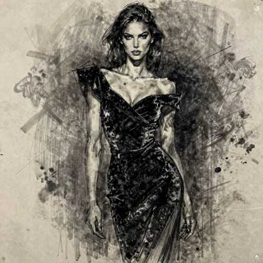 This is a detailed black and white pencil drawing of a woman, possibly resembling Penelope Cruz, set against a light gray background. The woman, who appears to be in her 20s or 30s, has short, dark hair that falls just below her ears. She is wearing a black dress with a deep V-neckline and a single strap over her right shoulder, while her left shoulder remains bare. The dress is form-fitting, accentuating her slender figure, and features a slit on the left side that reveals part of her leg. Her arms are positioned at her sides, with her right hand slightly more forward. The background is filled with various black and gray scribbles and smudges, adding a dynamic and somewhat chaotic element to the composition. The woman's face is characterized by a serious expression, with her eyes looking downward and her lips closed, giving her a contemplative or intense demeanor.