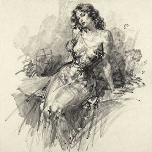 A detailed pencil sketch of a woman in a flowing, intricately draped dress. The drawing is rendered with loose, expressive lines, focusing on capturing the movement and texture of the fabric. The woman's pose is relaxed yet elegant, with her head tilted slightly and eyes directed downwards. The sketch has a soft, ethereal quality, emphasizing the delicate folds of the dress and the woman's gentle expression. The background is abstract, with swirling lines suggesting a dreamlike or ethereal atmosphere.