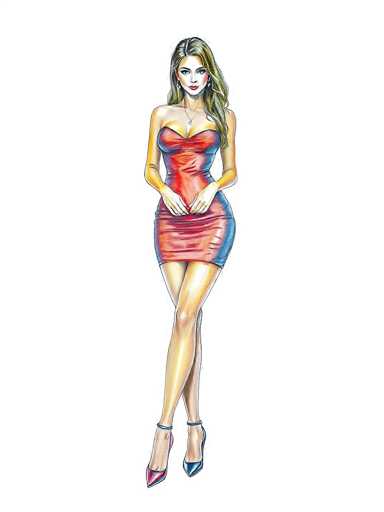 This image features a detailed drawing of a woman with long, wavy blonde hair that cascades down to her chest. She is depicted with a fair complexion and is wearing a striking red dress that accentuates her figure. The dress has a unique design, with a red front and a blue back, and it is strapless, revealing her shoulders and arms. Her hands are positioned in front of her waist, and she is adorned with a necklace and earrings. The woman is wearing high heels, with one shoe pink and the other blue. Her legs are crossed, with her right leg over her left, and she is looking directly at the viewer. The background of the image is white, which makes the vibrant colors of her dress and accessories stand out.
