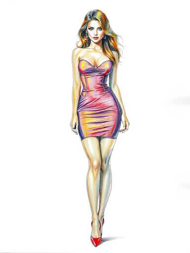 The image features a detailed drawing of a woman with long, wavy hair that cascades down to her chest. She is dressed in a striking, sleeveless dress that accentuates her cleavage. The dress is predominantly pink, adorned with yellow and purple stripes that add a dynamic touch to the design. The woman's arms are positioned at her sides, and she is wearing red high heels that complement her outfit. Her hair is a blend of brown and blonde, with a hint of orange at the top, adding a unique flair to her appearance. The background is a clean, solid white, which makes the vibrant colors of her dress and hair stand out even more.