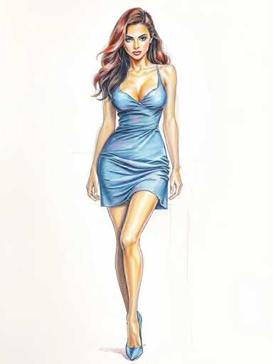 This image features a detailed drawing of a woman with long, wavy hair that transitions from reddish at the top to black at the bottom. She has a tan complexion and is wearing a form-fitting, light blue dress that accentuates her curves, particularly her large breasts and wide hips. The dress is sleeveless with a single strap over her left shoulder, and it falls just above her knees, revealing her bare legs. She is also wearing blue high heels. The woman is standing with her left leg slightly in front of her right, and her arms hanging naturally by her sides. She has a serious expression on her face, with her head tilted slightly to the left. The background is a light gray, and the image is cut off just below her feet, showing only one of her blue high heels.