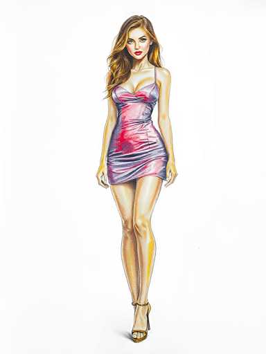 The image features a detailed drawing of a woman set against a white background. The woman is depicted with long, wavy brown hair that cascades over her shoulders. She has a fair complexion and is adorned with red lipstick and eye makeup, which accentuates her expressive brown eyes. She is dressed in a form-fitting, sleeveless dress that is predominantly pink with hints of purple and red. The dress is short, ending just above her upper thigh, and features a strap over her left shoulder. Her arms are positioned down by her sides, and she is wearing high-heeled shoes. The drawing captures her standing with one leg slightly in front of the other, and she is looking directly at the viewer. The overall style of the image is a colored drawing, with no additional elements or text present.