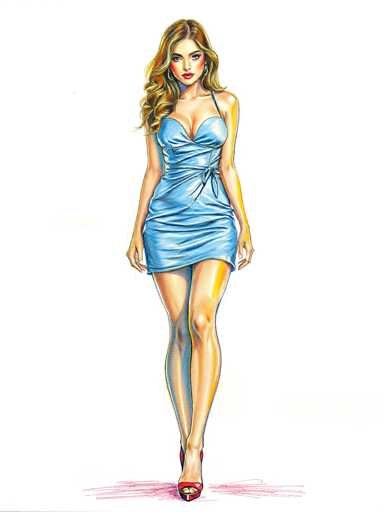 The image is a detailed drawing of a woman standing against a white background. She has long, wavy, light brown hair that cascades down to her chest, with a slight reddish tint. Her hair is parted in the middle, and she has a serious expression on her face, looking directly at the viewer. She is wearing a light blue dress that is low-cut, revealing a significant amount of cleavage, and features a single shoulder strap on her left side while the right side is strapless. The dress is form-fitting and ends just above her knees, with a bow detail at the waist. She is also wearing red high heels with a strap across the top of her foot. Her arms are relaxed at her sides, and she has red lipstick on. The drawing includes a shadow beneath her feet, adding depth to the image.