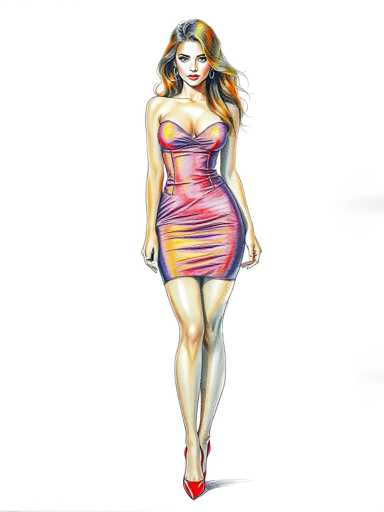 A woman is standing on her tiptoes with her arms crossed and legs apart, wearing a pink dress that has a strapless neckline and short sleeves. She is positioned against a white background, which contrasts with the vibrant colors of her dress. The image does not contain any text or other objects, focusing solely on the woman in the dress.