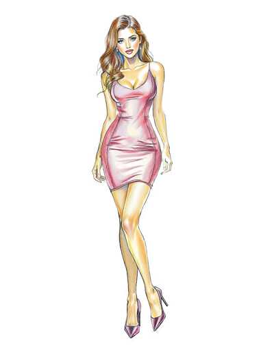 The image features a detailed drawing of a woman set against a white background. The woman has long, wavy brown hair that cascades over her right shoulder. She is depicted with a fair complexion and striking blue eyes. Her lips are adorned with pink lipstick, and she has a slight smile on her face. She is wearing a form-fitting, sleeveless dress that is pink with a hint of red. The dress has a high slit that reveals her upper thighs, and it is cinched at the waist to accentuate her figure. The dress is adorned with a button on the right side and features a slit on the left side. She is also wearing high-heeled shoes that are pink with a touch of purple. The woman's arms are positioned at her sides, and she is looking directly at the viewer.