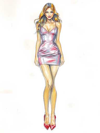 This image features a detailed, colored pencil drawing of a young woman, likely in her 20s, with long, wavy hair that transitions from blonde to a darker brown. She is depicted with a serious expression, looking directly at the viewer. The woman is wearing a form-fitting, sleeveless dress that extends just above her knees, adorned with a mix of pink, purple, and white hues, and featuring a single thin strap over her left shoulder. Her legs are crossed at the knees, and she is wearing red high heels with straps over the ankles. The background is a plain white, emphasizing the intricate details of her attire and hair.