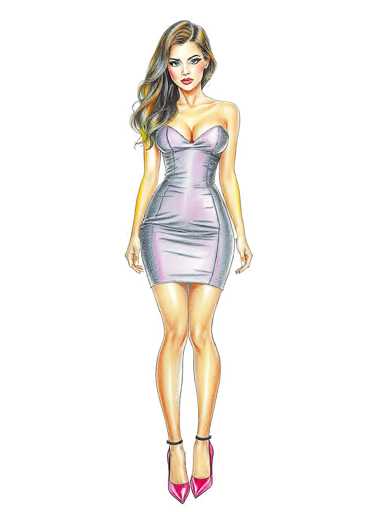 The image depicts a detailed drawing of a woman with long, wavy brown hair that cascades over her right shoulder. She is dressed in a form-fitting, sleeveless dress that is light purple with darker purple accents on the sides. The dress is short, ending just above her knees, and features a strap that goes over her right shoulder. Her arms hang naturally at her sides, with her hands slightly clenched. She is wearing pink high heels with black straps that go around her ankles. The woman has a light complexion, and her face is adorned with red lipstick, black eyeliner, and black eyebrows. Her expression is neutral, and she is looking directly at the viewer. The background of the image is plain white, emphasizing the woman as the central focus.