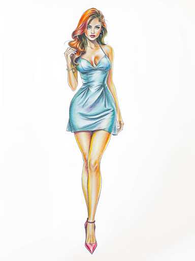 A woman is depicted wearing a blue dress and high heels against a white background.