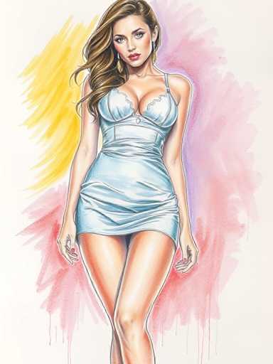 The image depicts a detailed, colored drawing of a woman with long, wavy brown hair cascading over her right shoulder. She is dressed in a light blue, short dress that barely covers her chest, revealing a significant amount of cleavage. The dress is adorned with a single strap over her left shoulder and features a small heart detail at the center. The woman's head is slightly tilted to the left, and she gazes directly at the viewer with a serious expression. Her lips are painted a vivid red, and she wears dangling earrings that resemble small hearts. Her right hand is positioned on her hip, while her left hand rests by her side. The background is a blend of soft pink and purple hues, with a distinct yellow streak on the left side, adding a vibrant contrast to the overall composition.