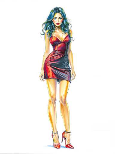 The image is a detailed, colored drawing of a woman with long, wavy blue hair that cascades down to her chest. She has a light complexion and is wearing a low-cut, red dress that accentuates her figure, with the fabric appearing to be slightly lifted at the front. The dress is sleeveless and features a black panel on the right side. She is also wearing red high-heeled shoes with ankle straps. The woman is standing with her legs slightly apart, looking directly at the viewer with a serious expression. The background is white, and there is a subtle blue shadow beneath her feet, adding depth to the image.