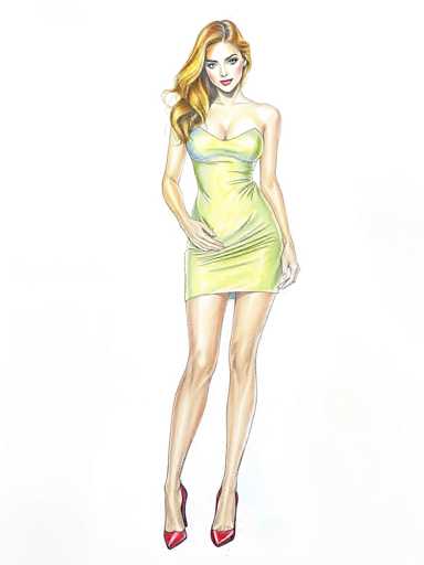The image is a detailed color illustration of a woman, likely created using colored pencils or watercolor. She stands against a white background, facing the viewer with a slight tilt of her head to the right. Her long, wavy hair, which is a blend of blonde and brown, cascades over her right shoulder. She has a fair complexion, accentuated by red lipstick, and her eyes are a striking blue. Her eyebrows are thin and black, and she wears a touch of blush on her cheeks.

The woman is dressed in a strapless, yellow dress that is form-fitting and falls just above her knees. The dress features a blue band at the top, adding a subtle contrast to the vibrant yellow. She is wearing red high heels, which complement her outfit. Her right arm is bent at the elbow, with her hand resting on her hip, while her left arm hangs straight down by her side. The overall style of the illustration is reminiscent of a fashion magazine sketch, with a focus on the woman's elegant and poised appearance.