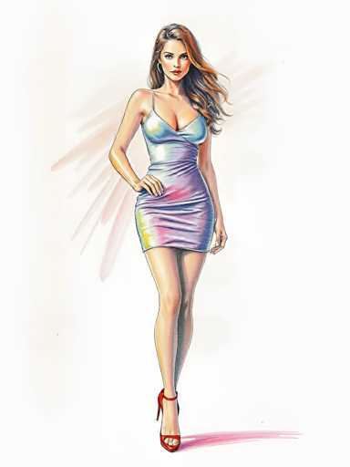 The image is a detailed, colored drawing of a young woman, likely in her 20s, with long, wavy brown hair that cascades over her left shoulder. She has a fair complexion and is wearing a form-fitting, sleeveless dress that reaches just above her knees. The dress features a single strap over her right shoulder and is adorned with a vibrant mix of colors, including shades of blue, purple, pink, yellow, and green, with a prominent pink spot in the center. Her right hand rests on her hip, while her left arm hangs straight down by her side. She is wearing red high heels, with her right foot slightly in front of her left, and her toes are painted white. The background is predominantly white, with a subtle pinkish hue, and there are pink lines behind her, adding a dynamic element to the composition. The woman gazes directly at the viewer, exuding confidence and poise.