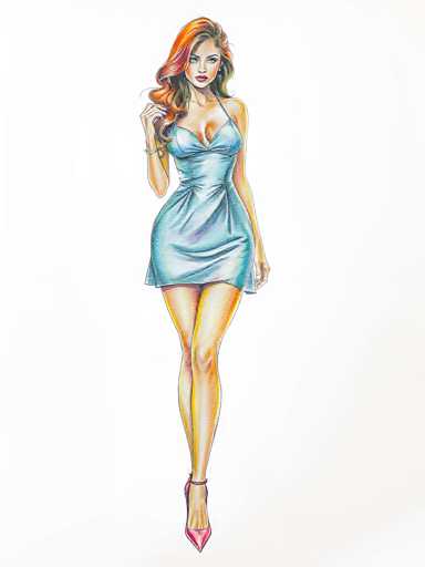 The image is a detailed, colored pencil drawing of a young woman with long, wavy red hair that has hints of brown and blonde highlights. She is standing confidently, facing the viewer, with her left arm hanging by her side and her right arm bent at the elbow, her hand raised near her face. She is wearing a light blue dress with thin straps that dip low in the front, revealing a significant amount of cleavage. The dress is form-fitting, accentuating her curvy figure, and falls just above her knees. On her feet, she is wearing pink high heels. The background is a plain white, emphasizing the woman as the focal point of the artwork.