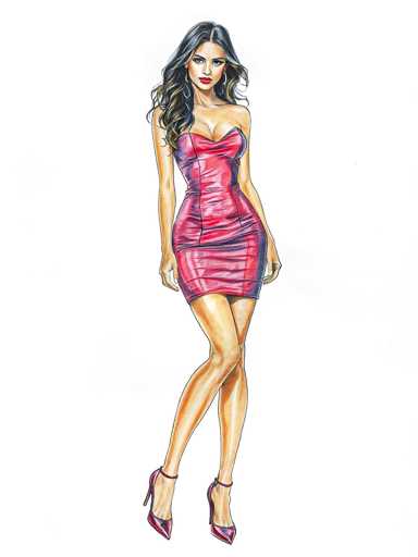 A woman is standing against a white background wearing a red dress and high heels.