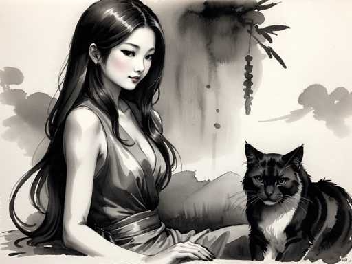 This black and white illustration, possibly created with watercolor or colored pencils, depicts a serene scene featuring a young Asian woman and a black cat. The woman, who has long, dark hair cascading down her back, is seated on a cushion or pillow. She is wearing a sleeveless, low-cut dress that appears to be gray, with a sash or belt around her waist. Her expression is calm and composed, with her head slightly turned to the right, showcasing her delicate features, including a small nose, thin lips, and a hint of blush on her cheeks. Her nails are painted black, adding a touch of elegance to her appearance.

To her right sits a black cat with a distinctive white chest and a white stripe running down its face. The cat's eyes are wide open, giving it an alert and attentive look. The background is minimalistic, featuring a few clouds and a tree branch with leaves and what appears to be berries or flowers hanging down. The overall composition is simple yet evocative, with the woman and cat as the central focus against a light gray backdrop.