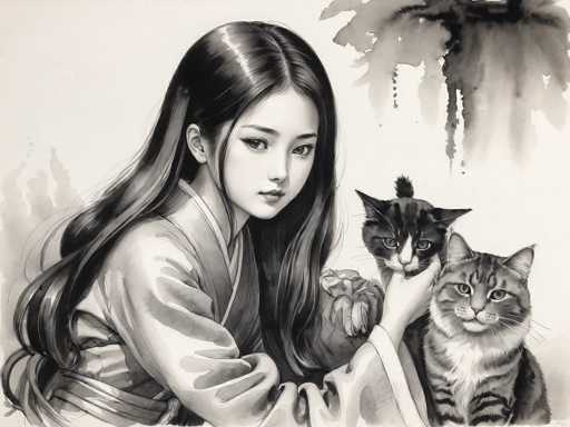 This detailed black and white illustration, possibly created with watercolor or colored pencil, depicts a young Asian girl, likely of Japanese descent, holding two cats. The girl, who appears to be in her early teens, has long, dark hair that cascades down her back and over her shoulders. She is dressed in a traditional kimono, which features a sash tied around her waist. Her expression is neutral, and she gazes directly at the viewer.

In her hands, the girl holds two cats. The cat in her left hand is a gray tabby with distinctive black stripes and a white chest. This cat has its paw resting on her chin, adding a touch of interaction to the scene. The second cat, positioned in front of her, is also a gray tabby but with more prominent black stripes and a white chest. This cat is looking directly at the viewer, creating a sense of engagement.

The background of the image is minimalistic, with a light gray hue that allows the detailed rendering of the girl and the cats to stand out. In the upper right corner, there is a subtle watercolor splotch, adding a touch of artistic flair to the composition. The overall style of the illustration is reminiscent of traditional Japanese art, with its delicate lines and careful attention to detail.