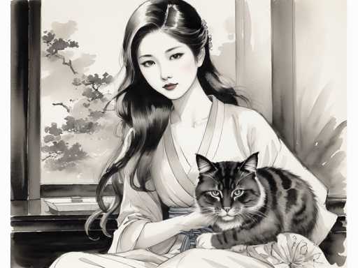 This black and white illustration, reminiscent of traditional Japanese art, features a serene young woman with long, dark hair cascading over her shoulders. She is seated in front of a window, through which branches of a tree are visible, adding a touch of nature to the scene. The woman wears a kimono, her right arm resting gently on her lap. Nestled in her lap is a gray and black striped cat, its eyes open and gazing directly at the viewer. The cat's front paws are white, and its face is adorned with distinctive black stripes. The woman's lips are painted a striking red, providing the only splash of color in the otherwise monochromatic image. The overall composition exudes a sense of tranquility and timeless elegance.
