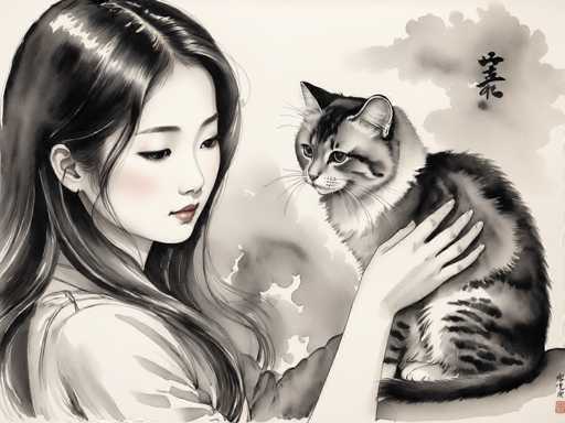 This detailed black-and-white illustration, reminiscent of traditional Japanese art, features a serene scene of a young Asian woman and a cat. The woman, positioned on the left side of the image, has long, dark hair with a slight part on the left and a few wisps falling over her face. She has delicate features, including thin eyebrows, dark eyes, and a small nose, with a hint of pink blush on her cheeks and red lips. She is dressed in a light-colored top, possibly a kimono, and is holding a fluffy cat with a mix of black, gray, and white fur. The cat, which has a distinctive white chest, is sitting on its hind legs with its front paws tucked in, gazing towards the left. The background is adorned with soft, gray watercolor-like clouds, and there are two Japanese characters in the top right corner, adding to the traditional aesthetic. The overall composition is detailed and evocative, capturing a moment of quiet companionship between the woman and her feline friend.