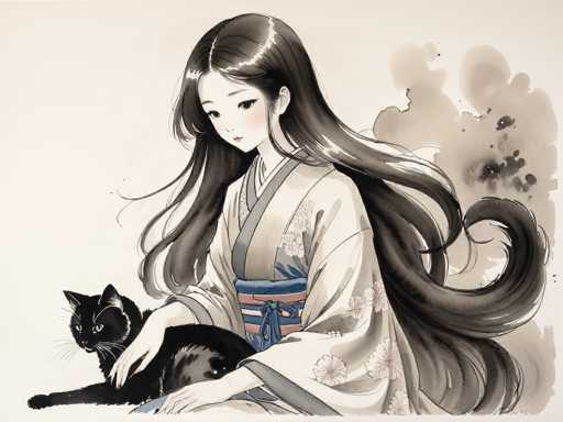 This image is a detailed, hand-drawn illustration in a Japanese anime style, featuring a young woman with long, flowing black hair that cascades down her back and over her right shoulder. She is seated on the ground, wearing a traditional kimono adorned with a floral pattern and a blue sash tied at her waist. The woman's expression is serene, with her eyes cast downward towards a black cat that is nestled in her lap. The cat, with its head turned to the left, has distinctive white whiskers and eyebrows, and its front paws are stretched out in front of it. The background is a light beige color, with a subtle watercolor wash of gray and black on the right side, adding depth to the scene. The overall composition is rectangular, with the woman positioned centrally, creating a harmonious and tranquil atmosphere.