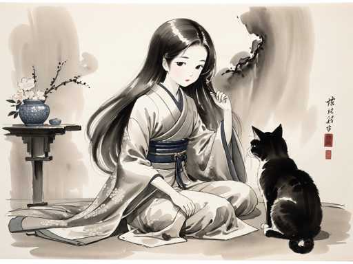 A black and white illustration depicting a woman wearing traditional Japanese clothing seated on the floor with her cat beside her. The art style is realistic and detailed, capturing the essence of everyday life in Japan.