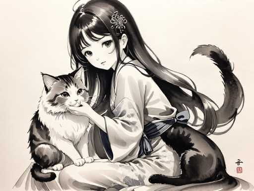 This detailed black-and-white illustration, accented with subtle watercolor hues, depicts a young Japanese girl in traditional attire. She is seated on the ground, cradling a white cat with black stripes on her lap. The girl, who has long, dark hair adorned with a butterfly clip, is dressed in a kimono featuring a floral pattern and a gray sash tied at the back. Her large, expressive eyes and small mouth give her a delicate, anime-like appearance. A black cat with a white belly and tail sits on her other side, its tail curling up towards her hair. The background is a light gray, and the image is signed with Japanese characters in the bottom right corner, adding an authentic touch to the artwork.