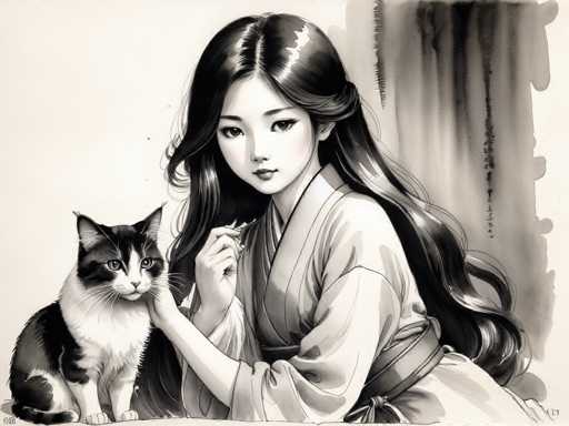 This black and white illustration, reminiscent of traditional Japanese art, features a young woman with long, wavy black hair cascading down her back. She is dressed in a kimono with a sash tied around her waist, and her hair is parted in the middle, flowing elegantly on either side. The woman is seated on the floor, her right hand gently petting a black and white cat that sits beside her. The cat, with its ears perked up and eyes wide open, gazes intently at the woman. The background is a simple white wall, with a curtain adorned with Japanese characters hanging on the right side. The overall composition is detailed and serene, capturing a moment of quiet companionship between the woman and her feline companion.