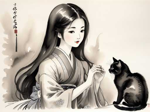 This detailed illustration depicts a young Asian woman, possibly Japanese or Chinese, seated at a table with a black and white cat beside her. The woman, who has long, dark hair parted in the middle, is wearing a traditional kimono adorned with a blue and white floral pattern. Her kimono features a sash tied at the back, and she has red lipstick on. She is holding something in her hands, which the cat is intently observing. The cat, with a distinctive white patch on its back, is sitting on the table, looking up at her. The background of the image is a light beige color, and there is a vertical column of Asian characters on the left side, accompanied by a red square and a black tassel. The overall composition is rendered in a watercolor style, giving it a soft, artistic feel.
