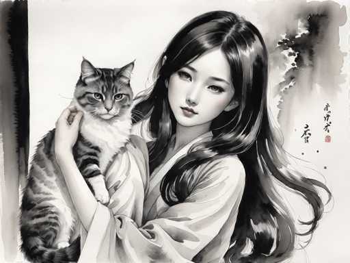 This detailed black and white illustration, with subtle watercolor accents, depicts a young Asian woman in her 20s holding a gray and white striped cat. The woman, who has long, wavy black hair cascading down her back, is dressed in a traditional kimono with wide sleeves. She gazes directly at the viewer with a serene expression, her lips adorned with a hint of red lipstick. The cat, held gently in her right arm, features a white chest, white paws, and a face marked with black stripes. The background is predominantly white, accented by a black vertical stripe on the left side and a watercolor wash of black and gray on the right. In the bottom right corner, there are Asian characters, possibly Japanese or Chinese, adding to the cultural essence of the artwork.