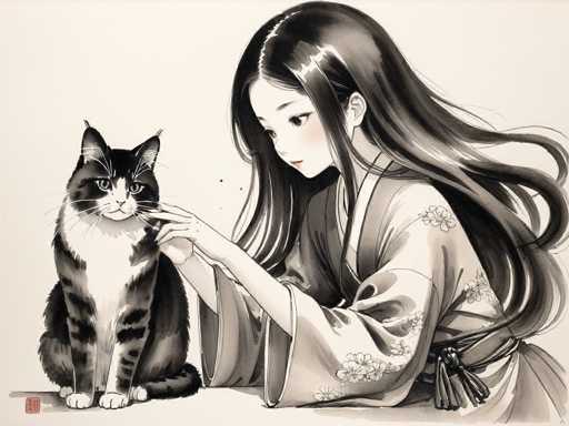 The image depicts a detailed black and white drawing of a young Asian girl, possibly Japanese, wearing a kimono adorned with floral patterns. She has long, flowing black hair and is seated on a table, gently petting a black and white cat with her right hand. The cat, which has distinctive black stripes on its legs and a white chest, is looking directly at the viewer. The girl's kimono features a sash tied around her waist, and she has a soft smile on her face. The background is a light gray, and there is a small red stamp in the bottom left corner of the image. The overall composition is serene and intimate, capturing a quiet moment between the girl and her feline companion.