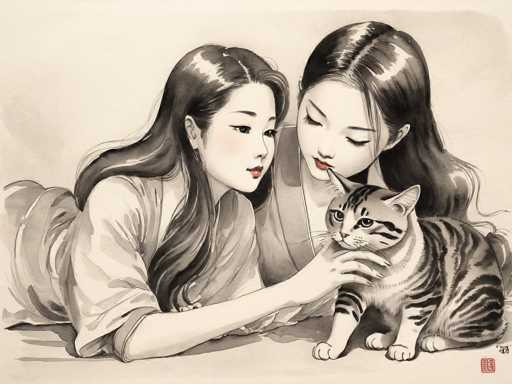 This detailed black and white illustration, accented with subtle watercolor hues, depicts two young Asian women lying on their stomachs, propped up on their elbows, with their heads close together. Both women have long, dark hair that cascades down to their waists, with a middle part and a slight curl at the ends. They are dressed in traditional kimonos, with the woman on the left in a light-colored kimono and the woman on the right in a darker one. Their expressions are serene, with the woman on the left gazing at the woman on the right, who is looking down at a small tabby kitten nestled between them. The kitten, with its distinctive black stripes on a light gray body, is looking up at the woman on the left. The background is a soft, off-white with a watercolor wash, enhancing the tranquil atmosphere of the scene. In the bottom right corner, there is a small red square with Asian characters, possibly the artist's signature.